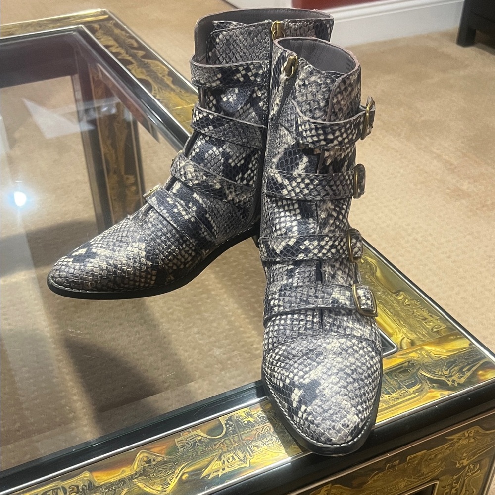 J. Crew Black and Gray Snakeskin Ankle Boots